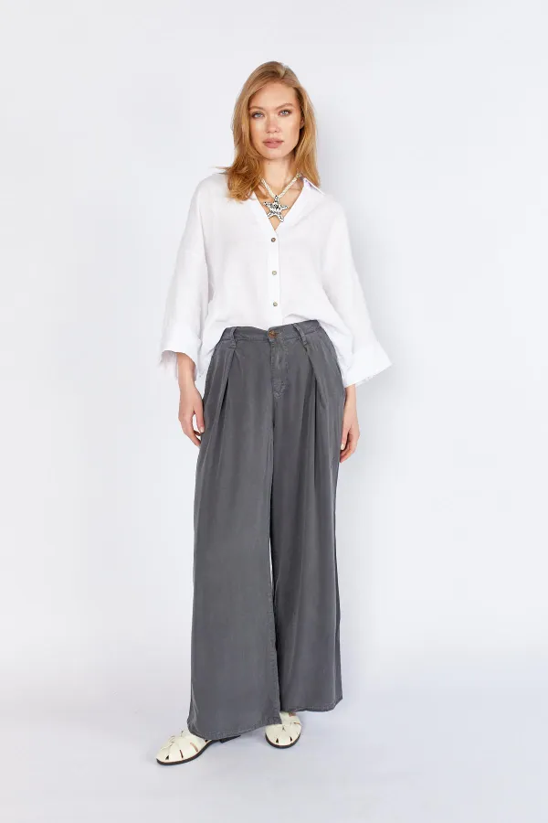 Women's Anthracite YP5115 Double Pleated Wide Leg Tencel Trousers