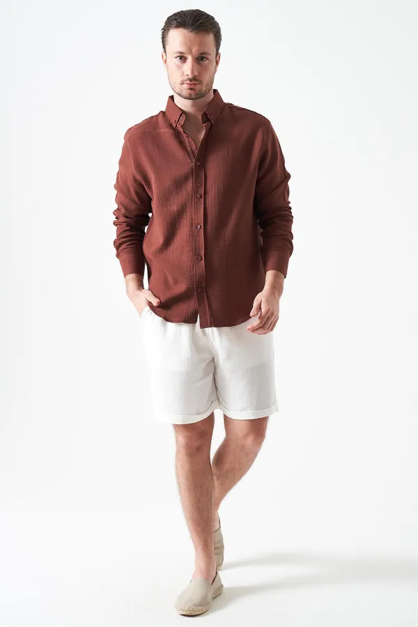 Erkek Ekru Baggy Double Paça Müslin Şort