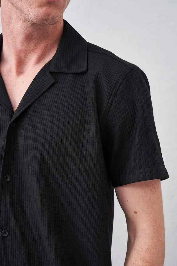 Erkek Siyah Kısa Kollu Ottoman Kumaş Apaş Yaka Gömlek