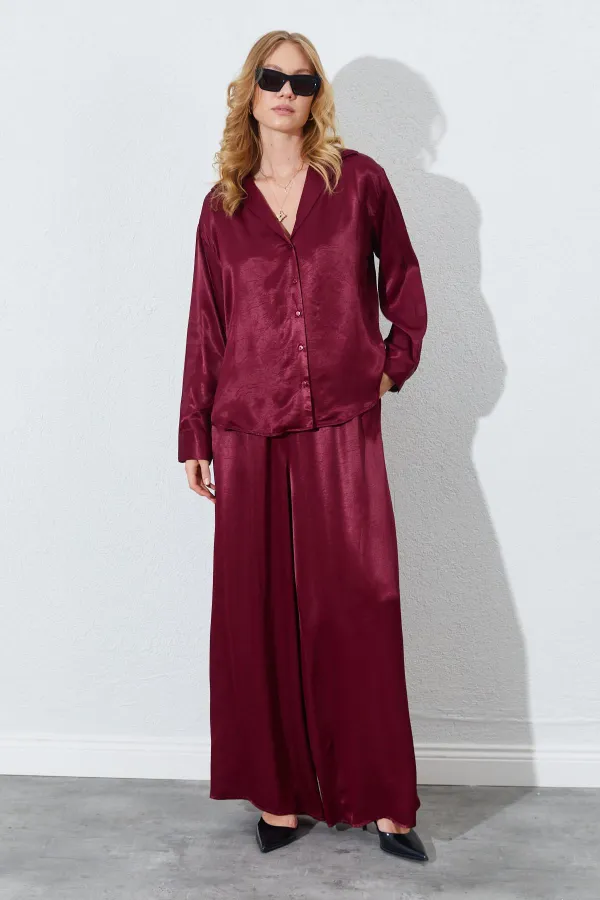 Kadın Bordo Beli İnce Lastik Detaylı Saten Pantolon