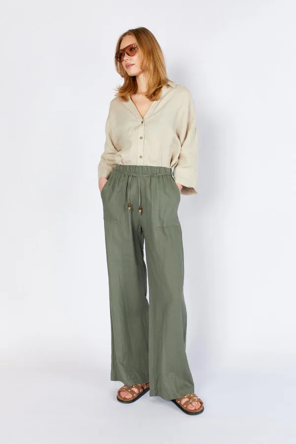 Kadın Haki Bol Paça Dışarıdan Cepli Keten Pantolon