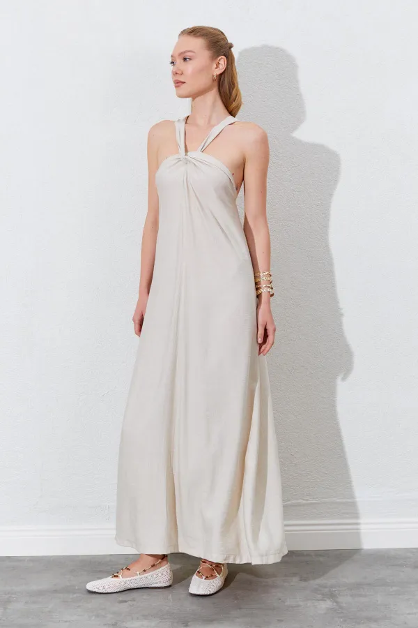 Kadın Taş Önü Düğüm Detaylı Kolsuz Elbise