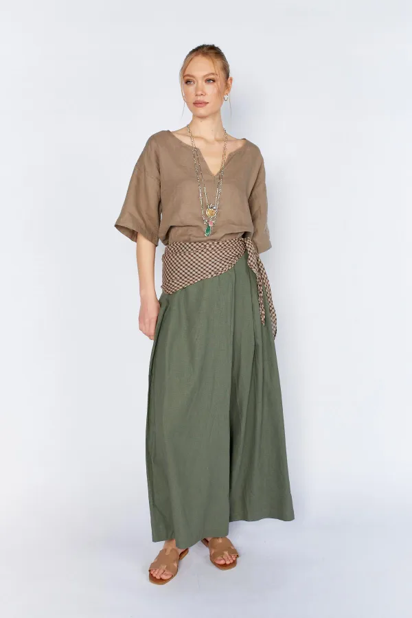 Kadın Haki Anvelop Model Keten Pantolon