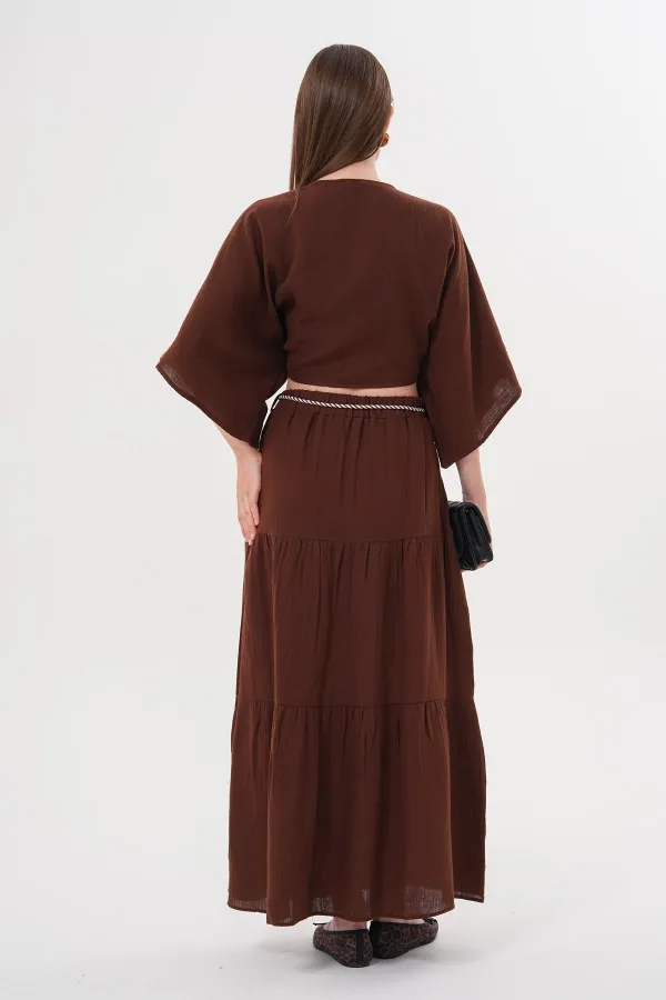 Kadın Kahve Yarasa Kol Ön Bağlamalı Gömlek