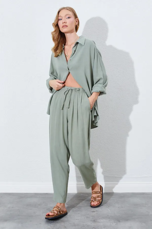 Kadın Haki Beli Lastikli Havuç Kesim Keten Pantolon