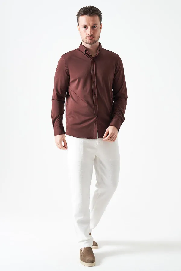 Erkek Kahve Uzun Kol Ripaş Dalgıç Slim Fit Gömlek