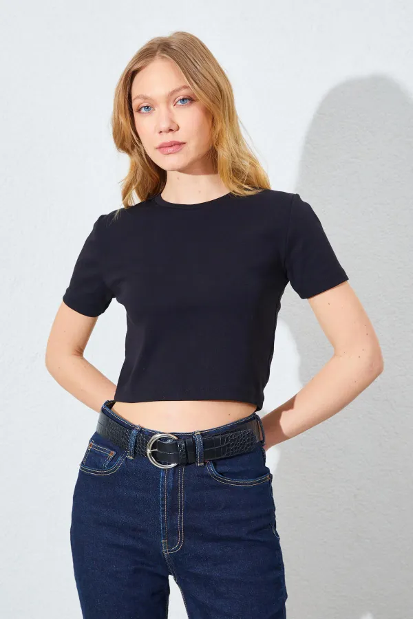 Kadın Siyah (25608) Bisiklet Yaka Düşük Kol Full Likra Ribana Crop Tişört
