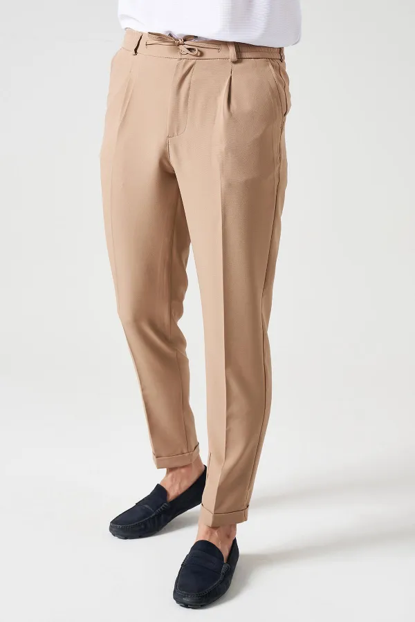 Erkek Bej Beli Yarım Lastikli Tek Pile Duble Paça Diamond Kumaş  Pantolon