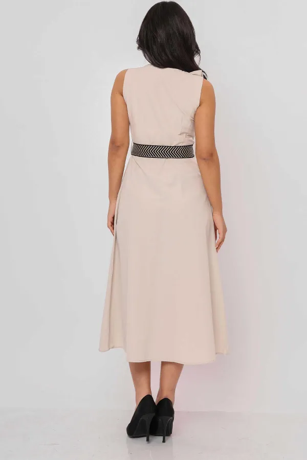 Kadın Bej Yaka Fırfırlı Önü Düğmeli Kolsuz Poplin Kumaş Uzun Elbise