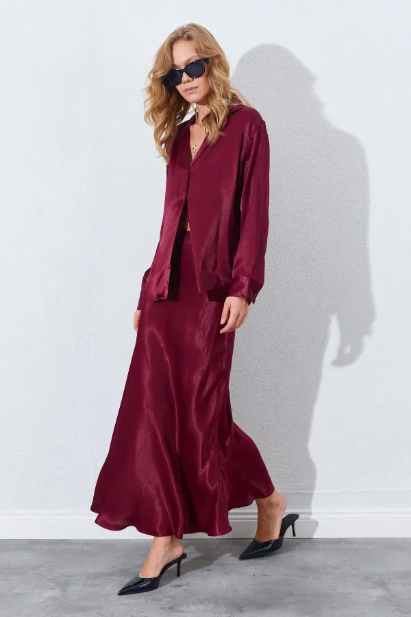 Kadın Bordo Saten Uzun Etek