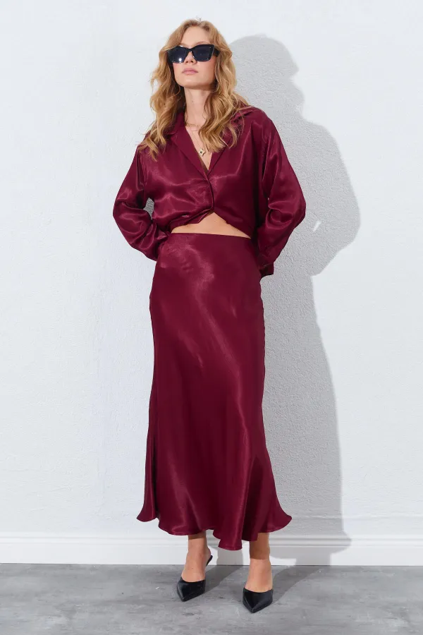 Kadın Bordo Saten Uzun Etek