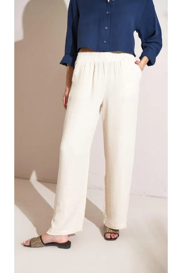 Kadın Taş Müslin Kumaş Beli Lastikli Palazzo Pantolon