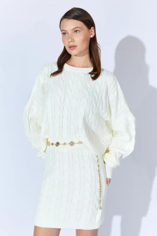 Kadın Kemik Saç Örgülü Etek Kazak Takım