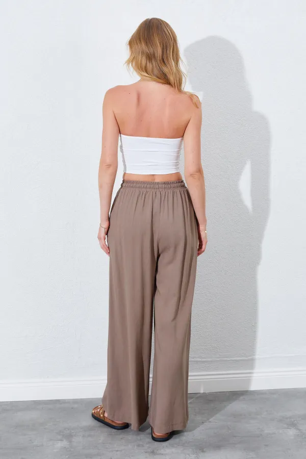 Kadın Toprak Beli Lastikli Palazzo Keten Pantolon