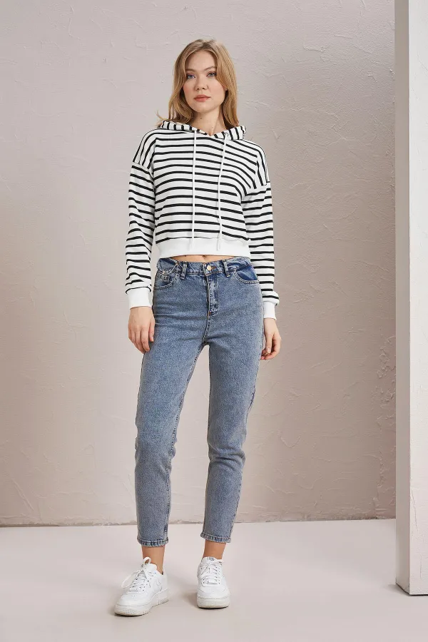 Women's Black Three-Thread Striped Hooded Crop Sweatshirt