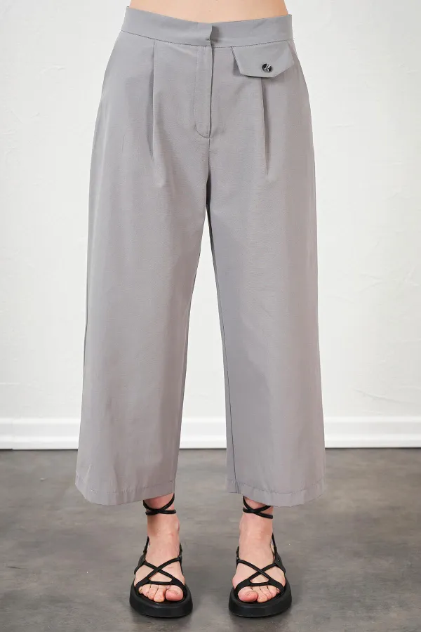 Kadın Gri Kısa Palazzo Poplin Pantolon