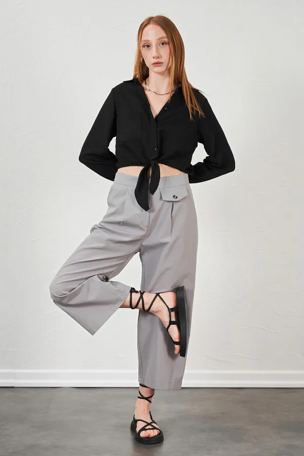 Kadın Gri Kısa Palazzo Poplin Pantolon