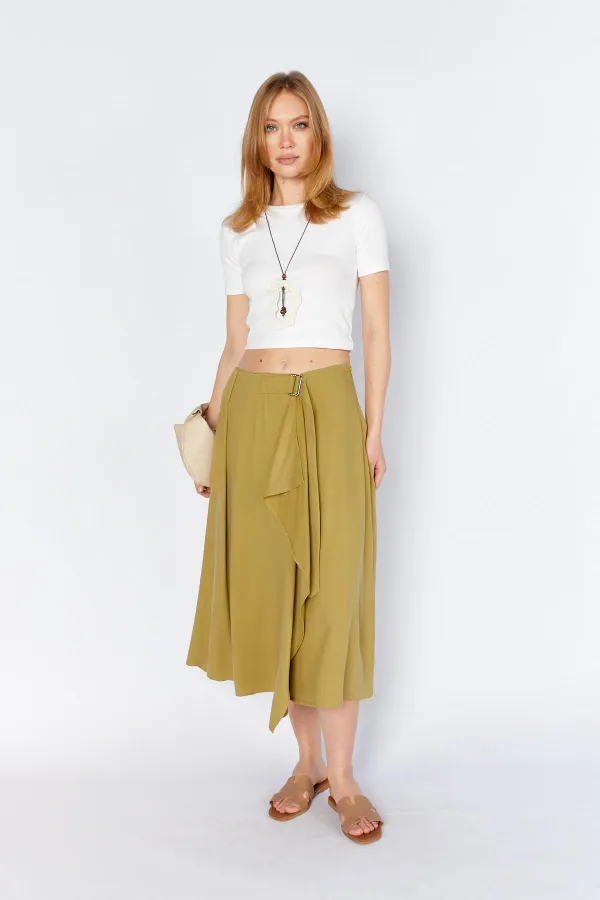 Kadın Olive 3495 Beli Kemerli Parça Detaylı Etek