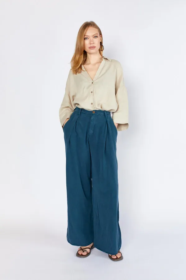 Women's Navy Blue YP5115 Double Pleated Wide Leg Tencel Trousers