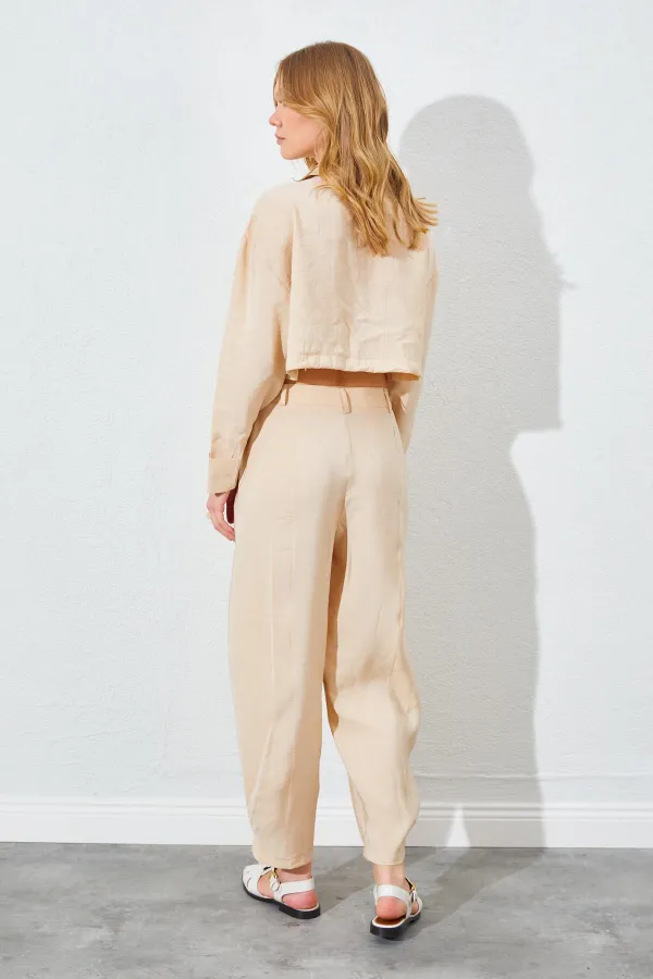 Kadın Bej Paça Düğmeli Modal Kumaş Pantolon