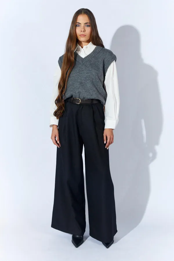 Kadın Siyah Beli Kalın Kemer Palazzo Pantolon