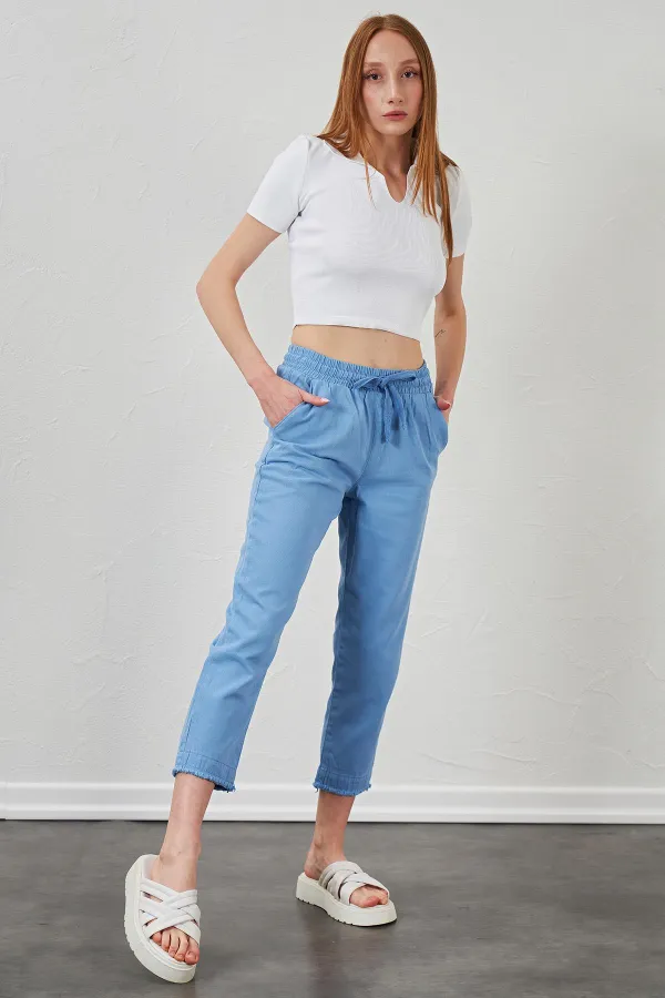 Kadın Mavi (6813) Paça Pis Dikişli Gabardin Pantolon