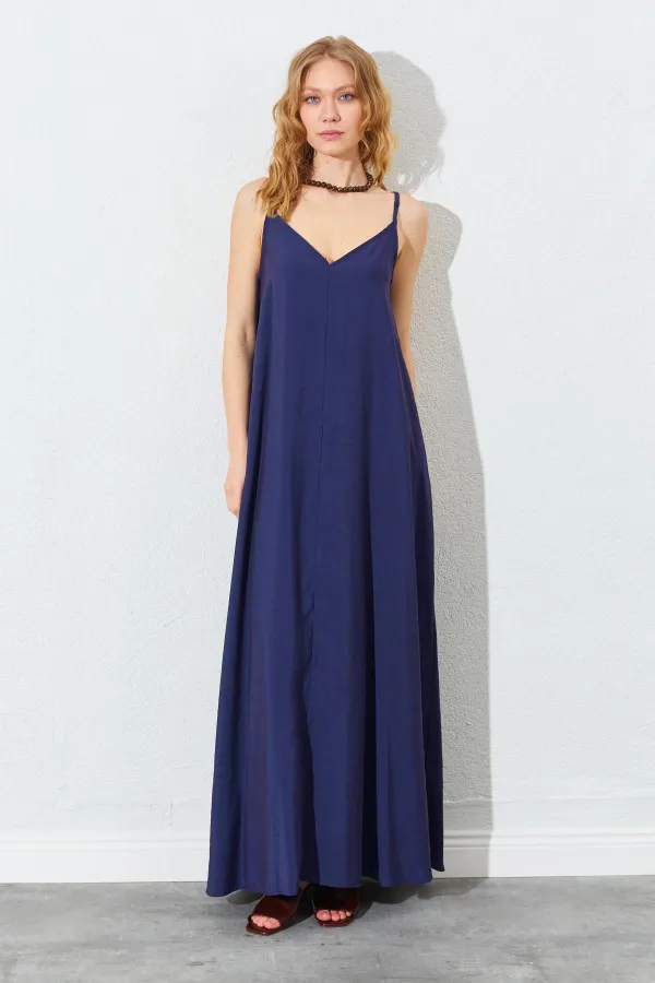 Women's Navy Blue V-Neck Loose-Fitting Modal Dress