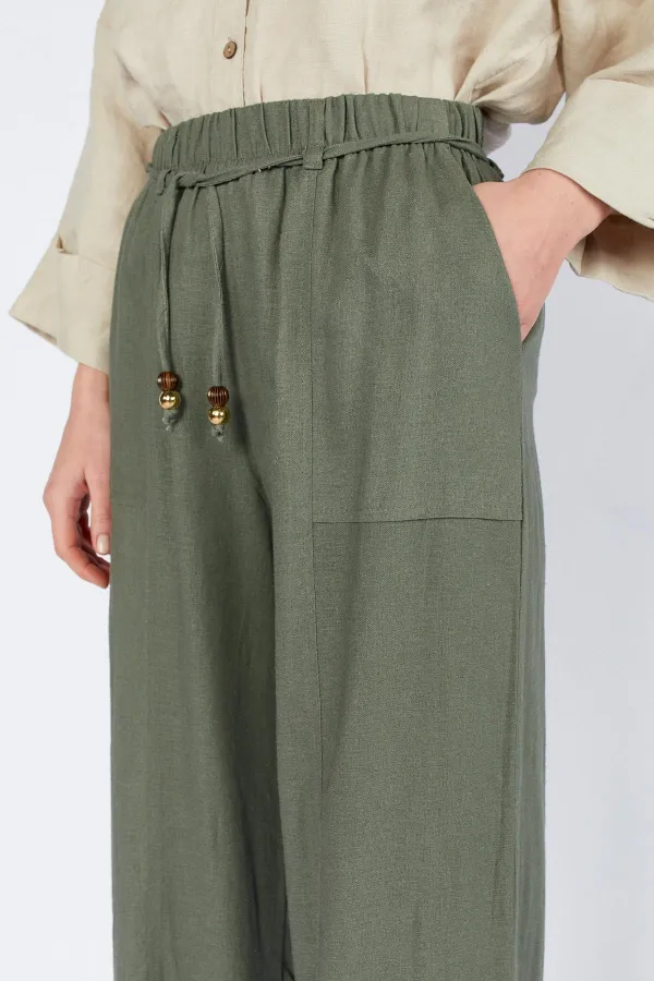 Kadın Haki Bol Paça Dışarıdan Cepli Keten Pantolon