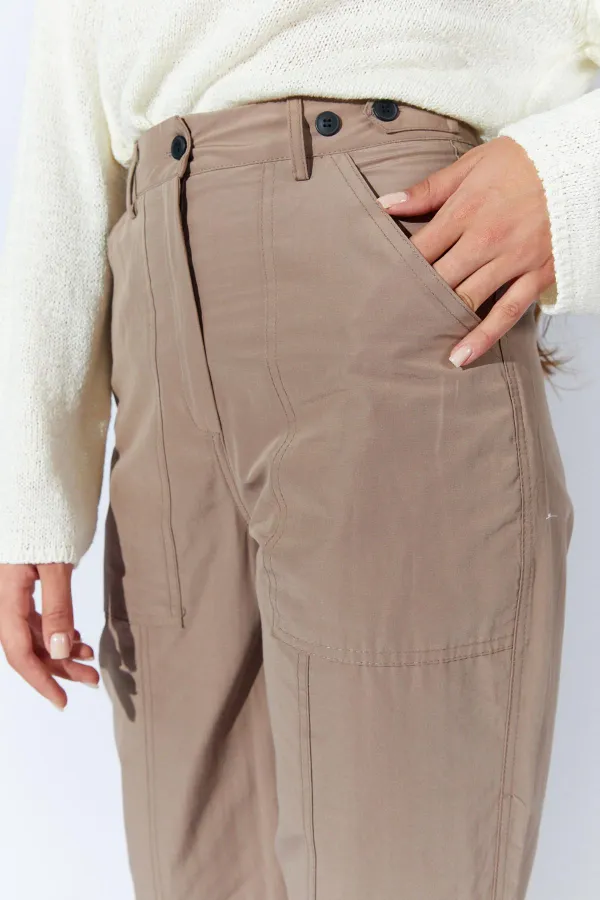 Kadın Vizon Beli Düğmeli Çift Dikişli Pantolon