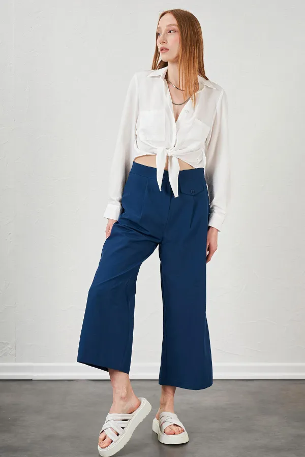 Kadın İndigo Kısa Palazzo Poplin Pantolon