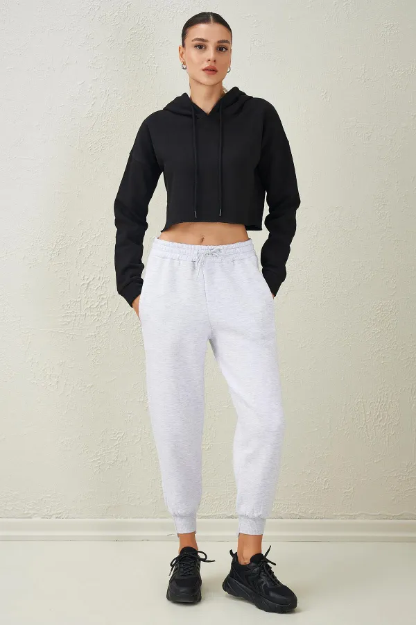 Women's Black Hooded Skirt with Messy Stitching Crop Sweatshirt