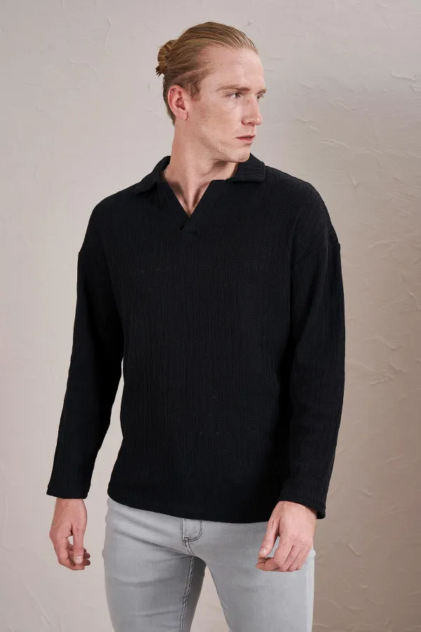 Men's Black Polo Collar Long-Sleeve Jacquard Sweatshirt