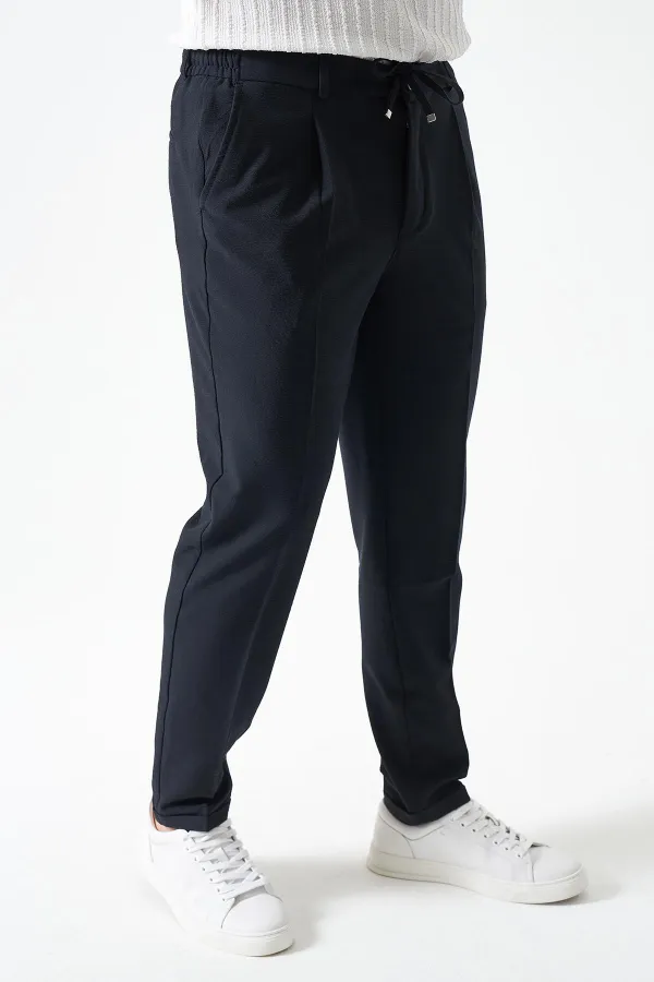 Erkek V002-Lacivert Yandan Lastikli Keten Efektli Tristan Dokuma Tek Pileli Duble Paça Pantolon