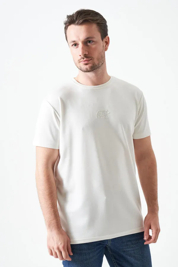 Erkek Ekru Bisiklet Yaka ORİGAMİ AYI  Baskılı Modal Tişört