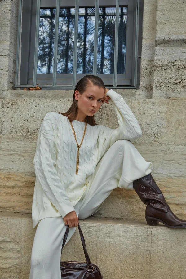 Kadın Kemik Saç Örgülü Pantolon Salaş Triko Takım