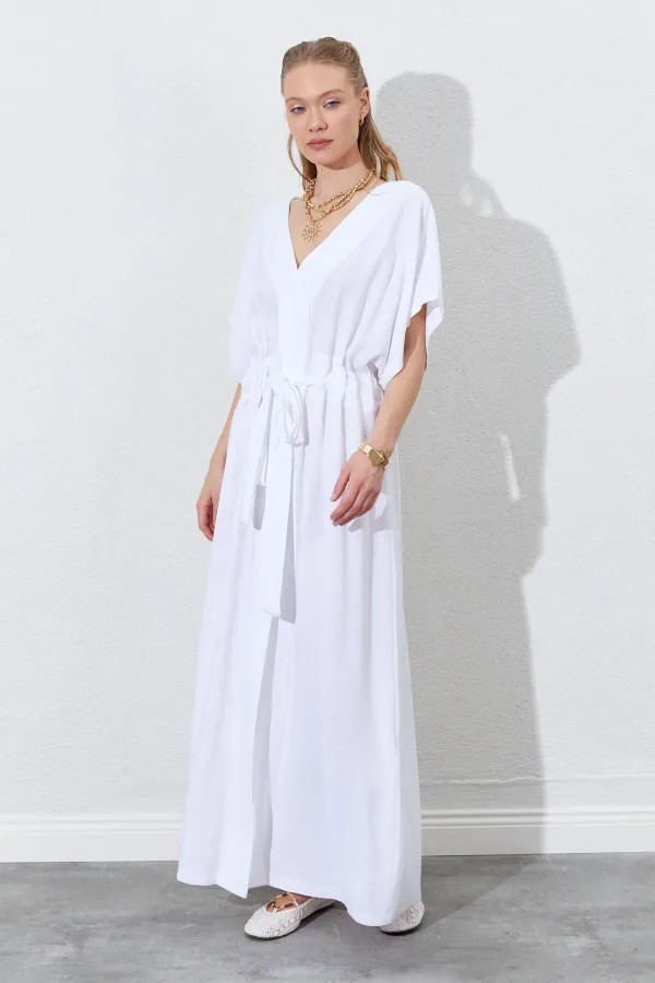 Kadın Beyaz Düşük Kol Beli Tünel Kemerli Keten Uzun Elbise