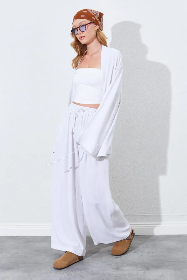Kadın Naturel Beli Lastikli Palazzo Keten Pantolon