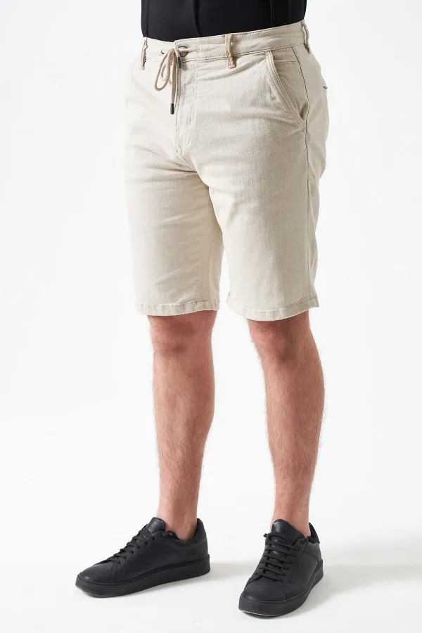 Men's Beige Five-Pocket Capri Pants with Drawstring and Back Snap Closure