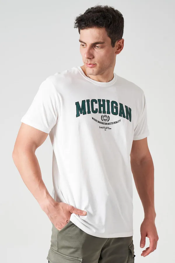 Erkek Ekru Bisiklet Yaka MICHIGAN Baskı Tişört