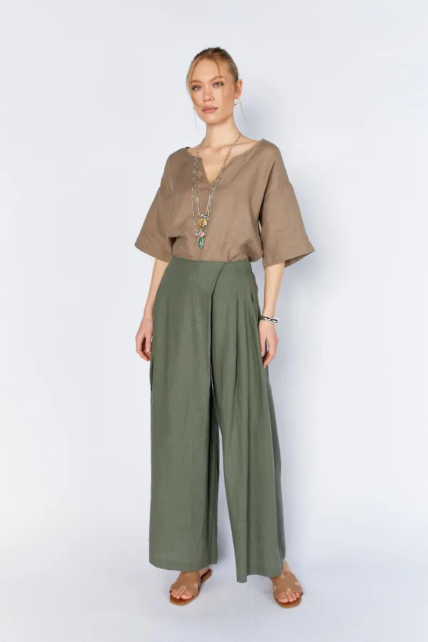 Kadın Haki Anvelop Model Keten Pantolon