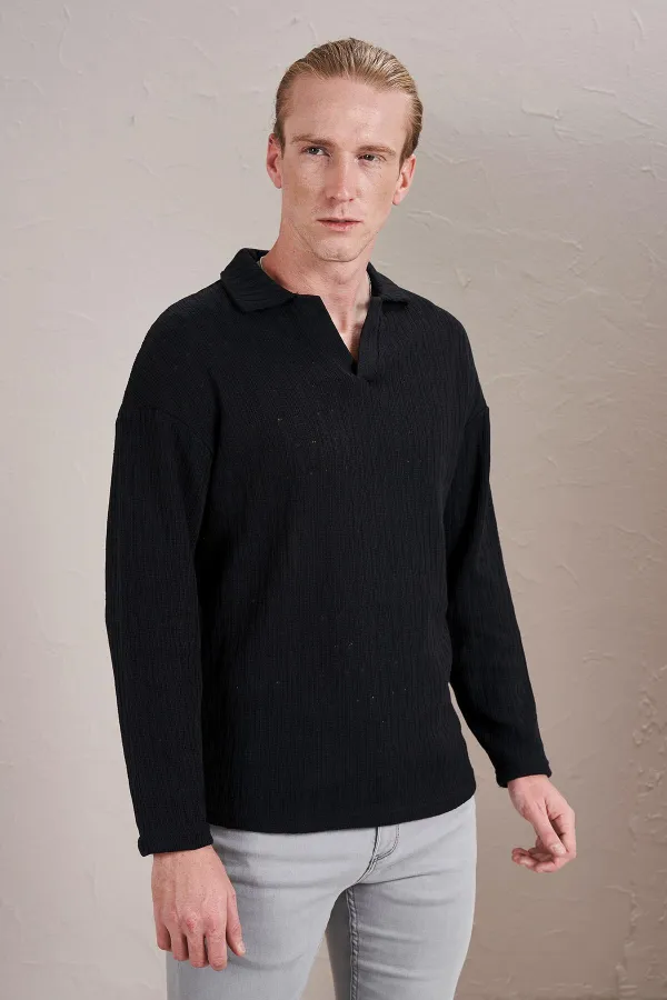 Men's Black Polo Collar Long-Sleeve Jacquard Sweatshirt