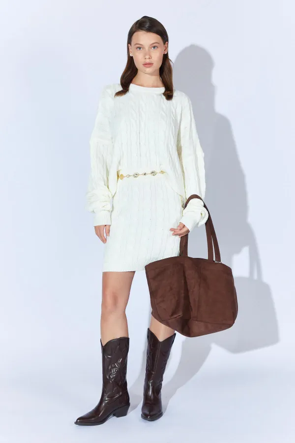 Kadın Kemik Saç Örgülü Etek Kazak Takım