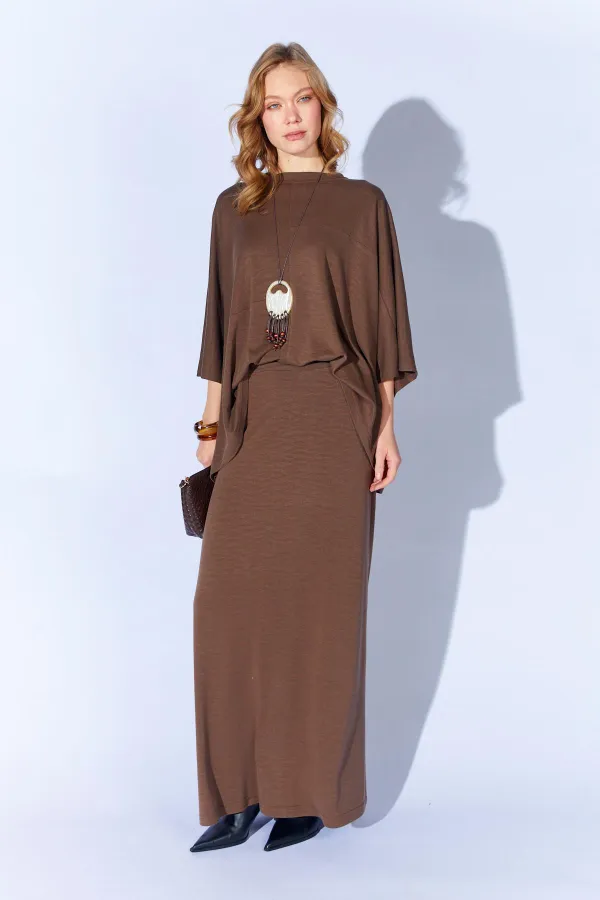 Kadın Kahve 172 Düşük Kol Bluzlu Uzun Pike Modal Etekli Takım