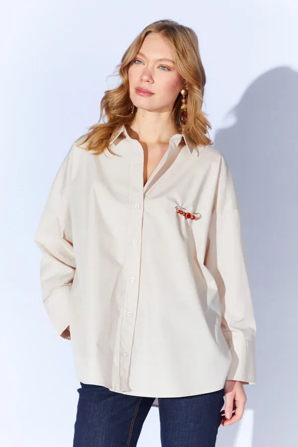 Kadın Bej Önü Kısa Arkası Uzun Oversize Poplin Gömlek
