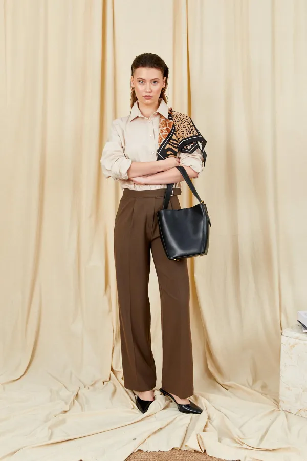 Women's Dark Brown 3522 Loose Fit Trousers with Side Buckle