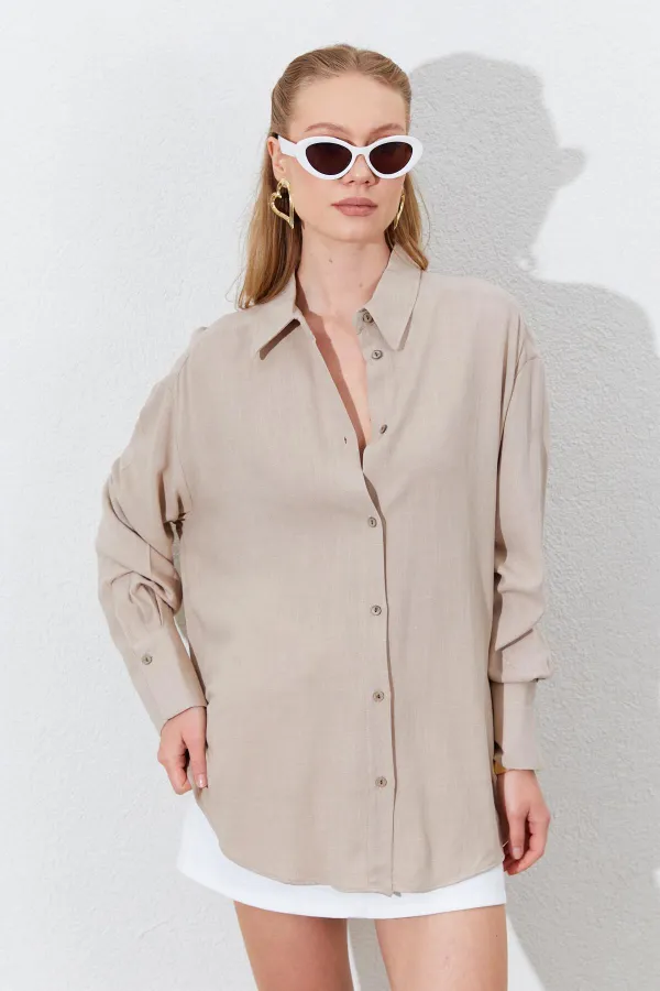 Kadın Koyu Bej Oversize Keten Gömlek