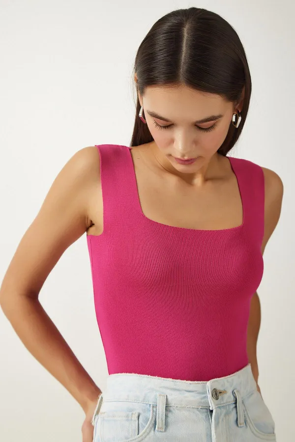 Kadın Fuşya Kare Yaka Triko Atlet