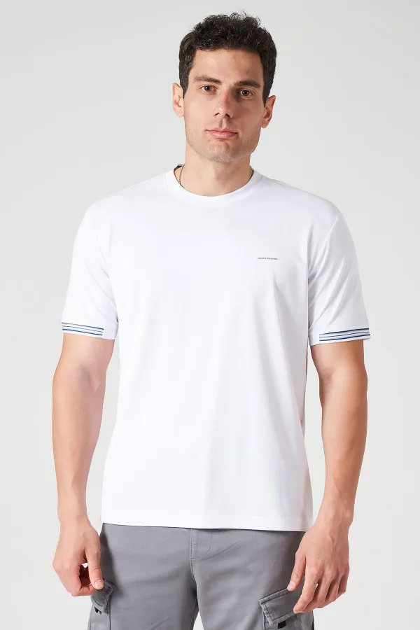 Erkek Beyaz Bisiklet Yaka Kol Yaka Şeritli Kagi Kumaş Tişört