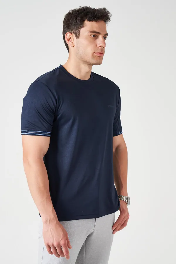 Erkek Lacivert Bisiklet Yaka Kol Yaka Şeritli Kagi Kumaş Tişört