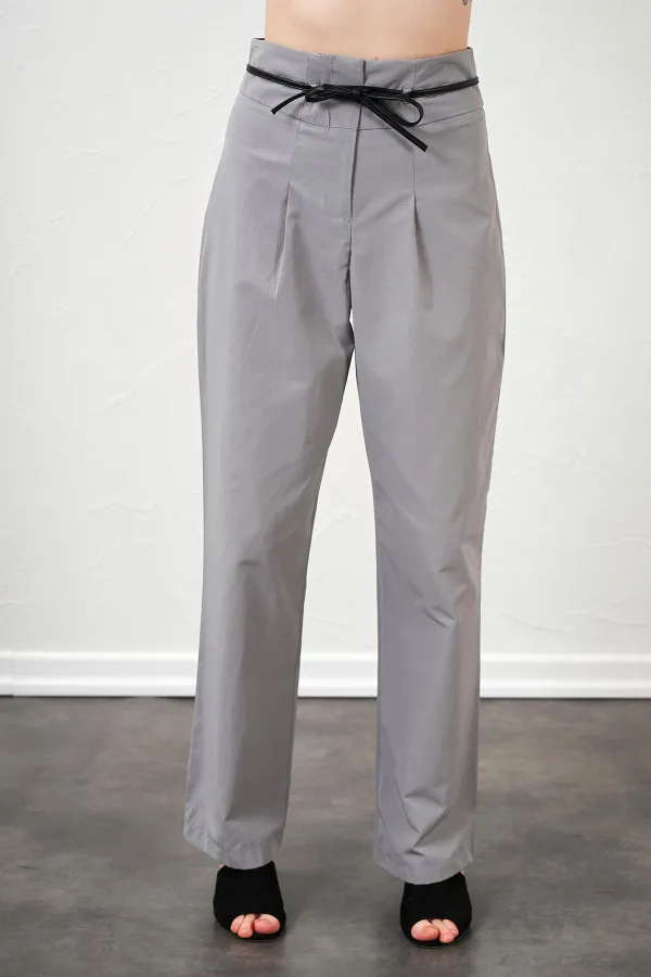 Kadın Gri Yüksel Bel Deri Kemerli Poplin Pantolon